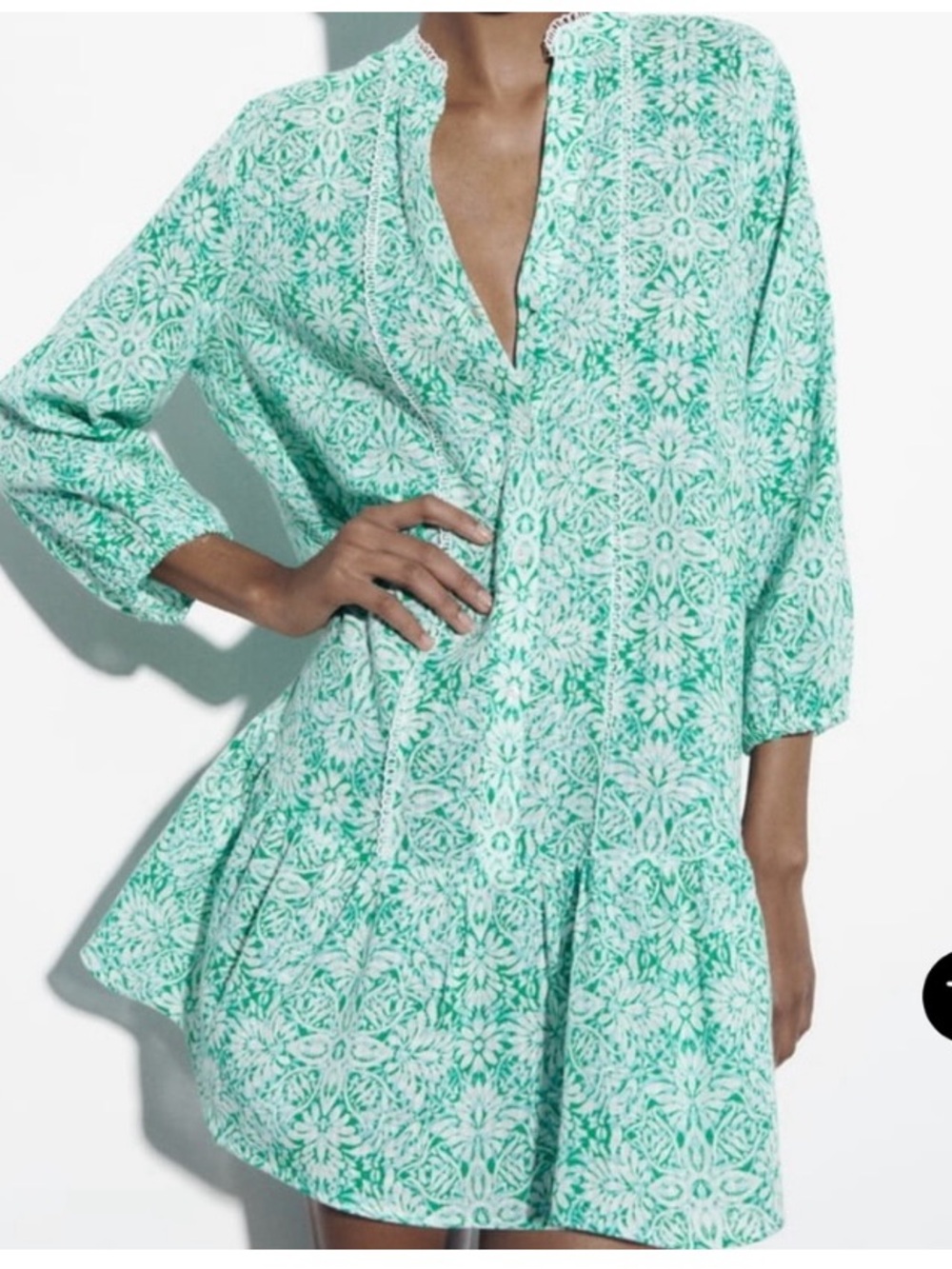 Zara Womens Green and White Floral Tunic Shirt Dress Large